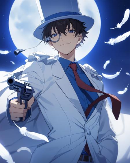 1boy，solo，meitantei_conan,kaitou_kid blue_shirt,white_jacket,magic_kaito,dress_shirt,necktie,monocle_chain,top_hat,monocle,red_necktie,white_suit,white_cape,formal,cape