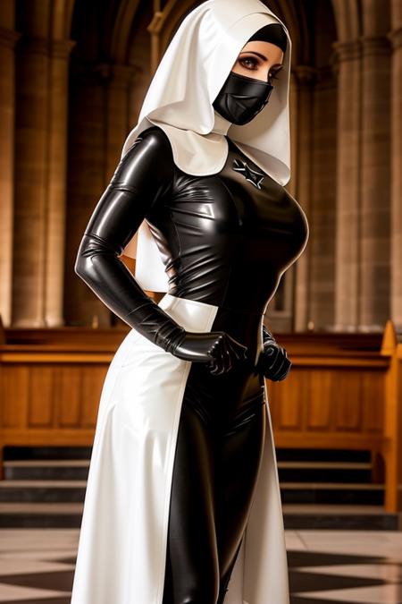 standing, latex nun, latex nun outfit, nun habit, skintight nun robe, white apron with black cross, black latex mask, black latex hood, large breasts, church
highly detailed, intricate, (sharp focus), 85mm, medium shot, mid shot, hdr 4k, 8k, depth of field,
<lora:last-000030:0.5>