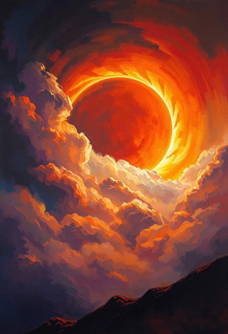 RHADS' depiction of a magical eclipse with rolling clouds over the coast, Vivid, Fantasy, Broad brushstrokes, Painterly, Epic, Moody.