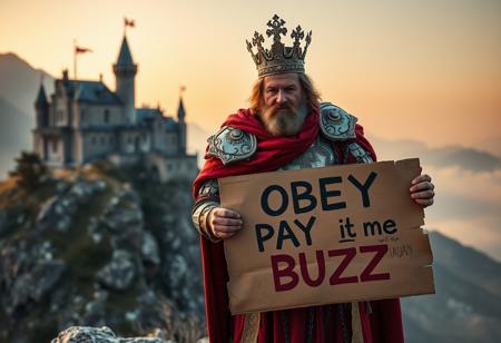 Generate an image of a unique medieval king of Albania standing on a rocky mountain with a majestic castle in the background. The king is dressed in ornate, culturally inspired armor, wearing a crown with ancient symbols, and a flowing red cape. His expression is stern and commanding. He holds a large, weathered cardboard sign that reads “OBEY PAY me BUZZ” in bold, rough letters. The scene is set at dawn, with a misty, golden sunrise casting a mystical light over the king and the landscape, emphasizing the powerful and enigmatic message on the sign.