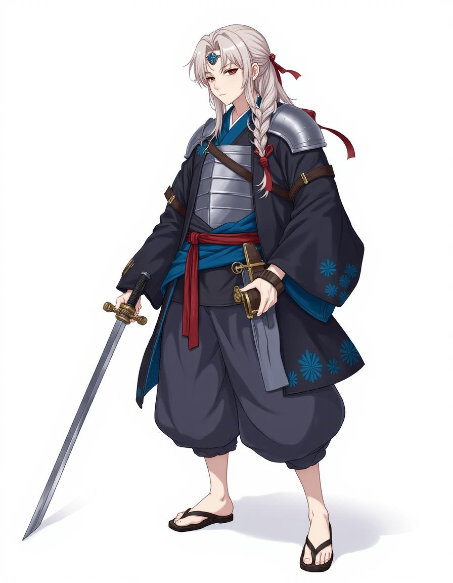 <lora:Fire_Emblem:1>,fireemblemlora,The image is a digital drawing of a male warrior in an anime-inspired style. he wears a traditional Japanese outfit with a black and blue kimono,and slightly tattered armor that appears to be made of a metal,three-quarter view pose,