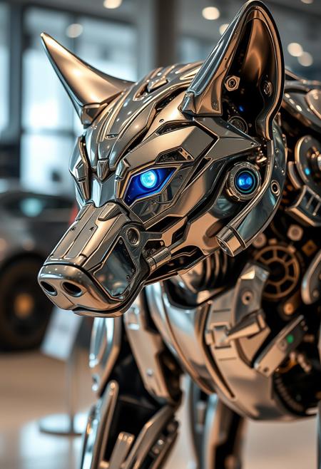 High end auto showroom showcasing a robotic wolf hybrid animal. the wolf is made entirely of formula 1 parts and destiny exo suit panels. silver and mercury details with translucent futuristic details. The vehicle is like a cyberpunk cheetah high end auto hybrid. It reflects beautifully in the light with its glossy finish. Close up detail shot on FujifilmX-Pro3-35mmf/1.4R, showroom lighting, blue cybernetic eyes,