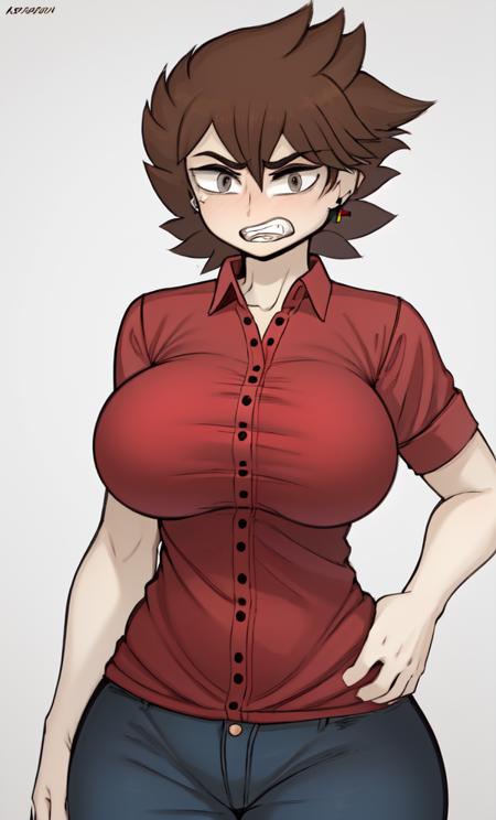 <lora:Cala:1>, 1girl, Brown hair, solo, short hair, large breast, shirt, (red shirt:1),pants, earrings,teeth,spiked hair,grey eyes , white background, standing, masterpiece, collared shirt, serious,