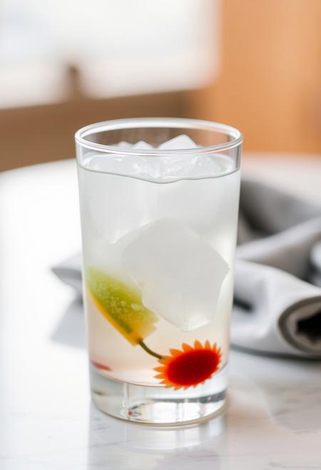 A glass of ice water, with water up to the rim of the glass