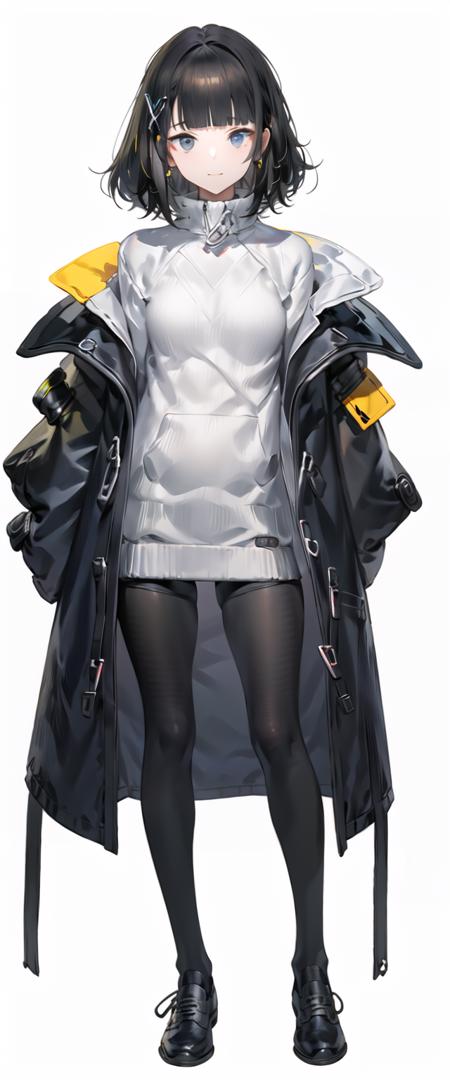 1girl, solo, Endministrator,
BREAK short_hair, grey_eyes, bangs, black_hair, hair_ornament, x hair ornament, long_sleeves, closed_mouth, standing, windbreaker, blunt_bangs,
BREAK open coat, hairclip, black_footwear, (grey_sweater), (black_pantyhose), black_coat, grey_sweater,  black jacket,
BREAK  (full_body:1.5), (straight-on),
BREAK ((simple background)), ((white background)),
((masterpiece)), (highres), (best_quality), (highly_detailed),  (original),(Delicate background),(extremely detailed 8K wallpaper),cinematic lighting, volume lighting, light particles, shaded_face, beautiful_detailed_eyes, depth_of_field, perspective,<lora:Endministrator5:0.8:lbw=char>,