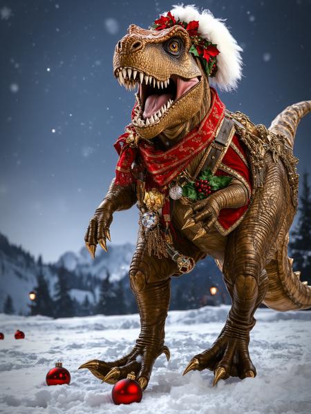 A Tyrannosaurus Rex outfitted in a military-style jacket with red and gold accents, its massive tail wrapped in a scarf patterned with holly and berries. The dinosaur's claws are tipped in golden ornaments, and its head is crowned with an opulent poinsettia headdress. Its chest piece, a sequined sash, reflects the festive glow of twinkling Christmas lights. It stomps through a snowy landscape, radiating regal and festive energy