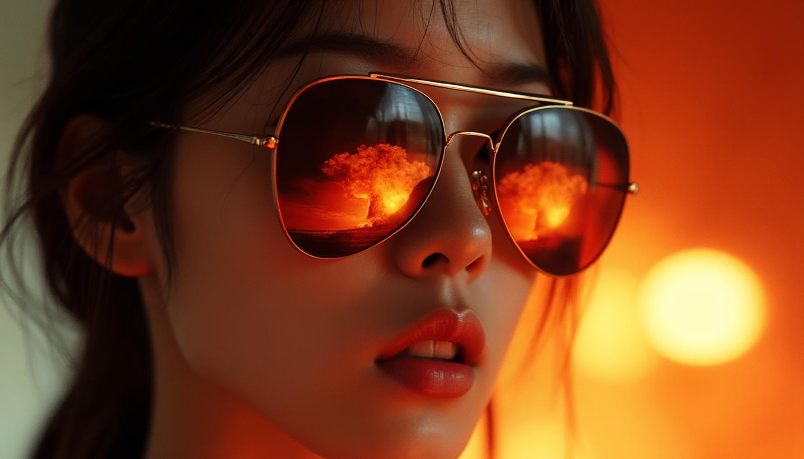 Intense lighting casting deep shadows across a Korean woman's features, wearing sunglasses. The image of a nuclear explosion and mushroom cloud is reflected in both lenses of her aviator sunglasses.