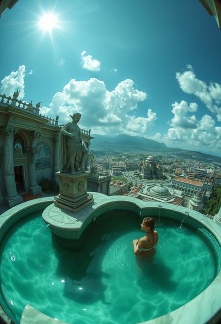 Full-frame fisheye view of a hyperrealistic epic fantasy art of a close-up of a glinting jade palace with a marble statue in a fountain overlooking a city with a temple and a young beautiful elven woman bathing in the fountain.