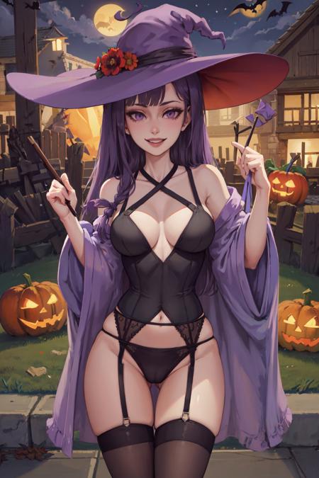 (masterpiece, best quality:1.2), <lora:spookymonth_lila-12:1>, cowboy shot, solo, 1girl, lila, smile, looking at viewer, arm up, ahoge, witch hat, halloween costume, purple wizard robe, thighhighs, garter belt, outdoors, night, jack-o'-lantern, bats