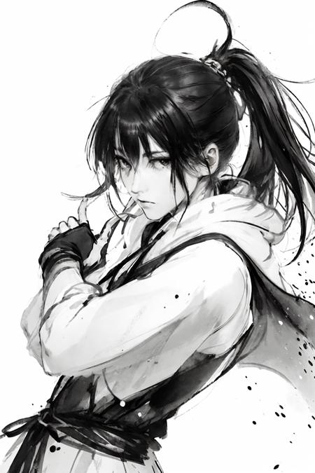 masterpiece, best quality,1girl,standing, black hair bun,cold face, upper body, (front),ink splash,martial arts,