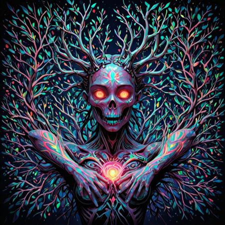 h4v_h0l0
Traditional tattoo art print in vibrant glowing colors and holographic flair, depicting "I am flesh, I am bone, rise  up like Kings", Strong moody style, low contrast, complex ornamental details against a plain background, reflecting minimalist environmental art and conceptual memory