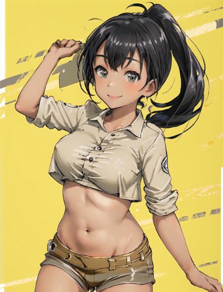 <lora:Hato-10:1> Hato , black hair , ponytail , dark skin , black eyes , navel,  1Girl , Solo , portrait  , sky background with border  , large breasts , smile , shorts , shirt ,