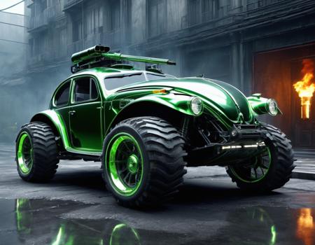 Metal gear Style, tiger war tank with turret and machine gun attached, huge canon, armour and machine guns, fuel rezervoirs for tank, volkswagen beetle design, extreme opulence, elegant front grill, elegant luxury beetle as tank, design like an alien insect DonMG414XL natural style, war tank is huge, limousine, long, science fiction husk, industrial luxury war machine, extreme luxury, husk, walking like insect, beetle appearance with hairs, race, luxury beyond belief, Rolls Royce like front grill,  fantasy, 3d render style, hyperrealistic,   very sharp background, clear objects, in modern destroyed ruin glass city environment with white buildings burning, desolate, smoke, buildings in the style of Tokyo, DonMV01dfm4g1c3XL background, turned on lights, volumetric fog, machine multiple colors DonMV01dfm4g1c3XL, intricate sky, RTX reflections, nebula sky, clouds of liquid lava and thunder lightning, gran turismo, in highlands landscape,extreme elagance