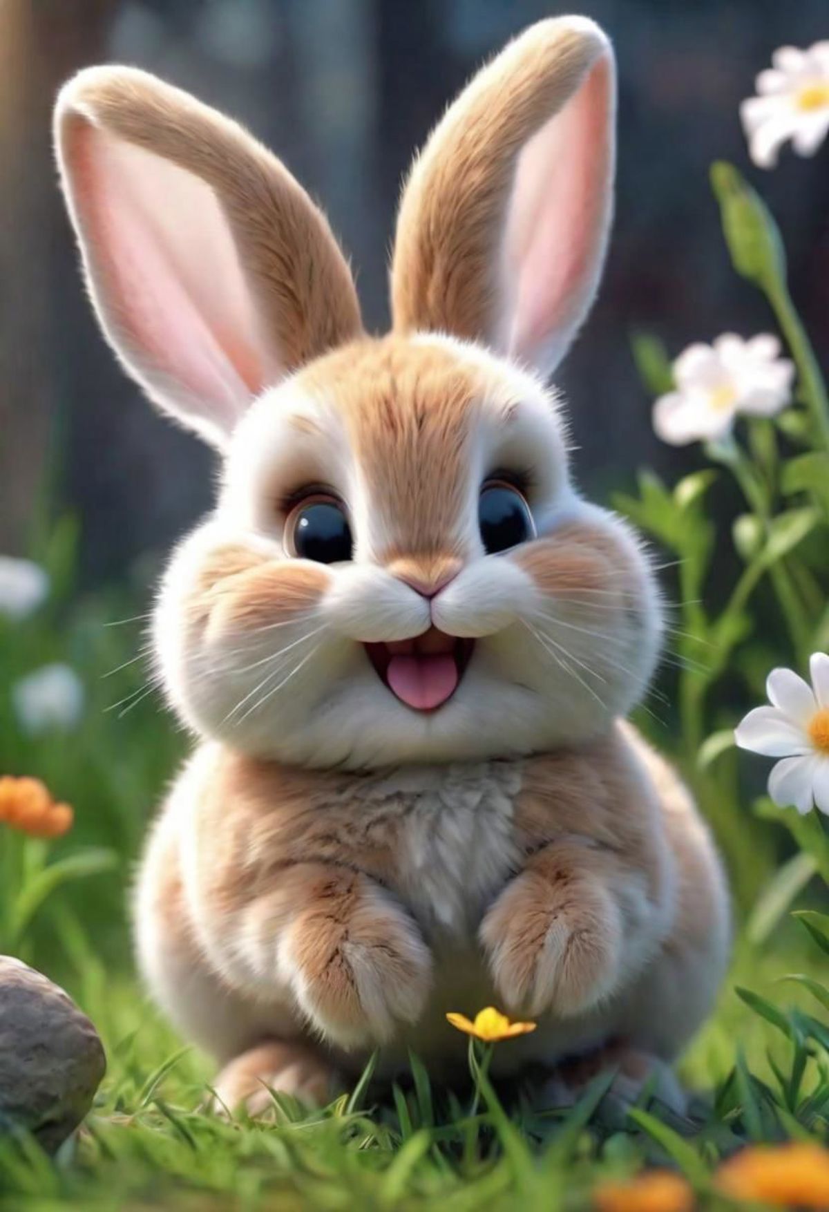 A cartoon rabbit with big ears, blue eyes, and a big smile, standing in a field of flowers.