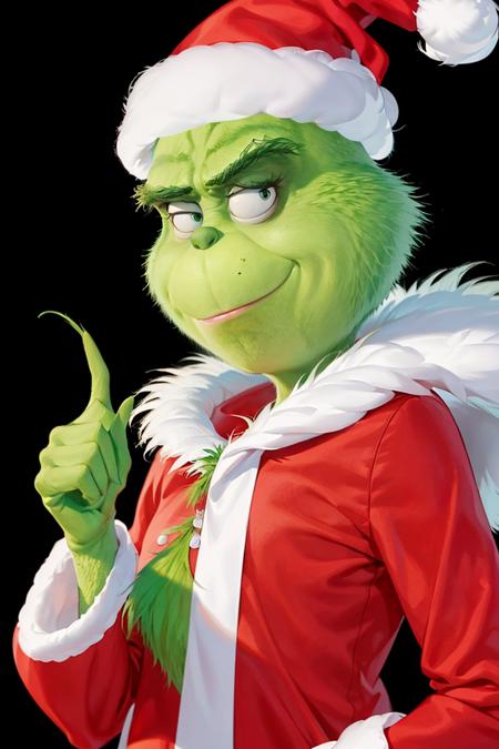 ((masterpiece,best quality)), absurdres,
<lora:Grinch_v2:0.8>, Grinch, 
Grinch_Classic, simple background, 1boy, hat, upper body, male focus, black background, christmas, santa hat, santa costume