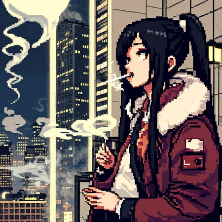 <lora:pixelart-08:0.8>pixelart,1girl, solo, long hair, black hair, twintails, jacket, coat, fur trim, night, building, smoke, cigarette, city, smoking, cityscape