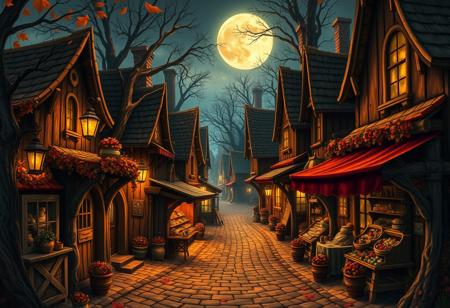 The image should feature intricate details of the witch village's wooden cottages, cobblestone streets, and vibrant market stalls, all bathed in warm moonlight. The style should evoke a sense of whimsy and mysticis. A muted color palette with earthy tones such as sienna, umber, and golden yellow should prevail, punctuated by pops of rich berry hues and soft blues to convey the magic of the night. 
Soft focus lighting with gentle shadows should create a cozy atmosphere, while subtle hints of lantern light and fireflies dancing in the darkness add depth. The mood should be enchanting and inviting, with an undercurrent of mysticism and wonder. 
The time is late autumn, around 8 pm on a crisp evening, with leaves still clinging to trees as night falls. The weather is calm and clear, with a hint of mist swirling through the streets. The season should be palpable in the falling foliage and the scent of woodsmoke wafting from chimneys. A medieval-inspired time period should prevail, with the witches' cottages adorned with ancient symbols and mysterious artifacts. 
Materials such as natural fibers, wood, and earthy stones should dominate the scene, with an emphasis on texture and pattern. Brushstrokes should be expressive and loose, reminiscent of traditional watercolor techniques. The medium should be a mix of digital painting and traditional media, blended to create a dreamlike quality.
