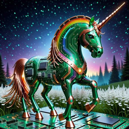 lazypos,  
Concept: PCB Unicorn, Cybernetic Equine, Electronic Myth, Tech Unicorn, Bionic Steed, Circuit Board Legend.  
Visual Aesthetic: pcb_style, circuit board art, electronic aesthetic, glowing circuits, wireframe effect, digital lines, futuristic tech, schematic patterns, highly detailed.  
Creature Details: majestic unicorn, mythical, pure, glowing mane (PCB), translucent horn, intricate circuitry, copper traces, solder pads, microchips, LEDs, optical fiber elements, metallic accents, organic yet mechanical, sleek, sensor eyes, hydraulic limbs.  
Effects: internal light, pulsing glow, bright light trails, digital shimmer, intense energy flow, translucent effects, reflections on metallic parts, crisp lines, electrical sparks, digital neigh (visualized).  
Colors/Hues: dominant dark greens (classic PCB), black, dark grey, with bright, magical highlights of white, silver, pastel rainbow for energy and lights; metallic copper, dark silver for traces and components. Mythical-tech palette.  
Background: enchanted glade (pcb aesthetic), digital meadow, rainbow sky with tech elements, moonlit night with neon elements.  
Visual Style: sci-fi unicorn, creature design, conceptual art, technical illustration, highly detailed, atmospheric, futuristic, intricate, captivating, pure.