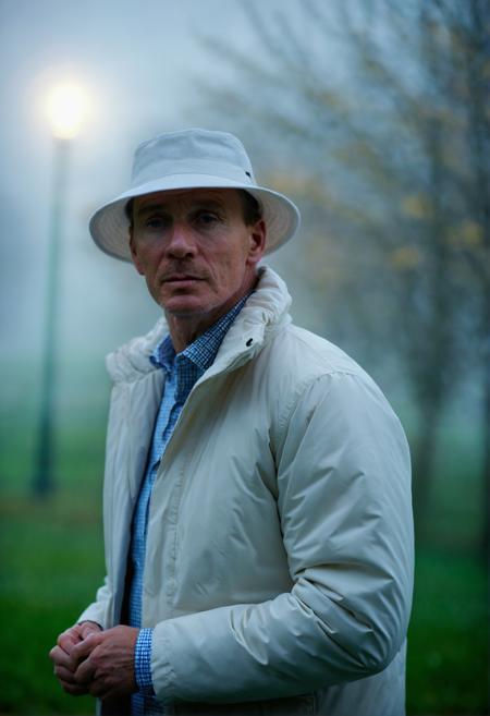 davidfincherstyle, a man with a white hat and white jacket is standing outdoors, It is daytime and gloomy as indicated by the lighting in the scene,volumetric lighting,volumetric fog,depth of field