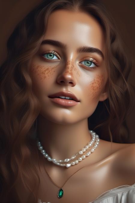 <lora:isabelamerced_xl_lora_30:1>  isabelamerced a beautiful  woman  Realistic 8K portrait: A young Smiling Freckles brunette, green eyes, wind-blown long hair, pearl necklace; dramatic lighting, cinematic colors; hyper-above