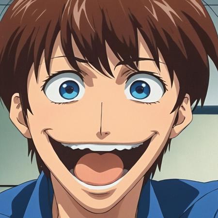 manga style art of  <lora:Original video animation style:0.8>
An animated photo of a man with a surprised look on his face and a crazy laugh,solo,looking at viewer,smile,open mouth,blue eyes,brown hair,1boy,:d,male focus,teeth,collared shirt,indoors,parody,meme,evil smile , anime, animated look, animated face, animated eyes, animated legs, animated hands, animated fingers, animated toes, animated lips, animated teeth, animated eyebrows, animated body, animated background, world of animation, manga style, animation, cartoon, colorful, different color, cinematic, cartoon film, film animation, different anime characters, detailed animated background, detailed animated environment, animated, hdr animation, animated photo, 2d animation, comic book animation, detailed animation, animated graphic novel, animated movie style, ova style, animation studio style, Original video animation style, vibrant, high-energy, detailed, iconic, Japanese comic style, manga