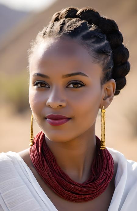 (3/4 headshot photo) of woman, Ethiopian, she is looking directly at the camera, 30 years old, heart-shaped face, wide forehead, high cheekbones, a pointed chin, dark almond-shaped eyes ,thick lashes, nose is straight and well-proportioned, beautiful dark skin, full lips, expressive eyes, hair is styled in intricate braids, soft deep shade of berry red lips, realistic skin details, detailed face, detailed skin, wearing a traditional white cotton dress called a "shemma" and a vibrant woven scarf called a "netelas",wears simple but elegant jewelry , gold earrings, a necklace made of traditional beads, background captures the rich colors and textures of an Ethiopian landscape, (hyperrealism, soft light, sharp), Cannon EOS 5D Mark III, film grain, smooth, sharp focus, high resolution, award winning photo, masterpiece, intricate detail, octane render, cinematic shot, realistic lighting, sharp focus, rule of thirds, cinematic lighting, soft lighting, detailed shadows, realistic shadows, <lora:LowRA:0.4>,  <lora:add_detail:0.5>