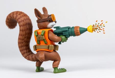 1990s-style action figure toy of an anthropomorphic squirrel dressed as a forest-themed nut defender superhero. The squirrel wears an orange utility vest, forest camo gloves, and goggles, holding a walnut-shell cannon that fires acorn projectiles and confetti nutrient bursts. Stylized accessories mini pumpkin grenades, and a belt of seeds. Bright colors, nostalgic aesthetic, detailed toy design, whimsical and heroic style, bold comic-book shading. Clean background. (No text). Rear view. 4:5 aspect ratio --v 5 --style 90s --ar 4:5