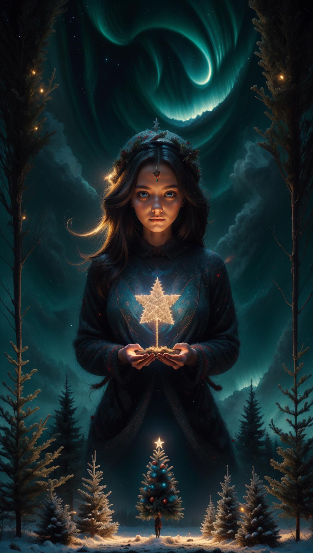 Dark and Dreamy Illustration of Girl Holding Starlight in Her Hand