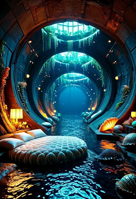 a subterranean cavern, accessed via a concealed entrance somewhere within the concrete jungle of a modern metropolis. Descending a spiraling staircase carved from solid limestone, one finds oneself standing at the base of a tremendous monolith of polished basalt, roughly the shape of a giant clam shell.
Upon this megalith reposes a plush mattress, layered with silken sheets printed with intricate designs resembling scallops and fan shells. Plump pillows embroidered with pearl-thread motifs invite weary visitors to sink into luxurious repose.
Overhead, luminaires shaped like pulsating jellyfish emit a mesmerizing kaleidoscope of color, shifting gradually through the spectrum from cool blues to warm amber hues. Their light filters down through the watery medium of the aquarium tanks lining the walls, causing schools of exotic fish to swim languidly among coral formations imported from the reefs of the South Pacific.
Through arched portholes framed in mother-of-pearl, one catches tantalizing glimpses of the teeming streets and skyscrapers of the city above, their steel-and-glass facades reflecting the dancing illumination of the submerged boudoir.
concept-art, digital, dreaminess, futuristic, eeriness, fantasy, other-worldliness, sci-fi style, technological, alien worlds, space themes, advanced civilizations, 
best quality, masterpiece, aesthetic, highly detailed, absurdres, unreal engine, octane rendering, vivid, vibrant, 
tunnel, sewer tunnel, reflection, creepy, dark, dirty,