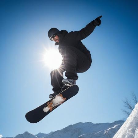 man doing a snowboard stunt, background a sunny blue sky