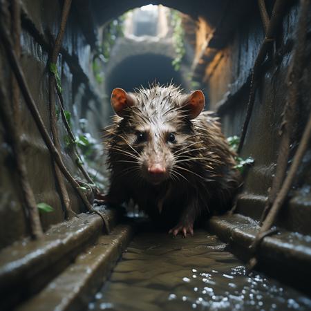 highly detailed documentary photo of giant rat:1.3,

depth of field, distant shot, blurry, realistic

masterpiece, best quality:1.1, 

ultra photoreal, photorealistic:1.0, sharp focus:1.1, 
depth of field:1.1, 

50mm, style of Nathan Wirth, Hasselblad X1D II, Porta 160,
