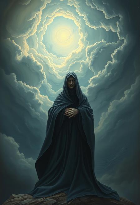 A sorrowful, robed figure standing at the edge of a vast celestial ocean, where their solemn, medieval face is framed by swirling, ethereal clouds in soft, cool hues, blending Rimini’s gothic storytelling with surreal emotions.ethereal surreal medieval fantasy, delicate gothic figures in dreamlike glowing light, soft painterly textures with fresco-inspired details, muted golds and rich blues blending into surreal atmospheric colors, solemn mystical storytelling with emotional depth