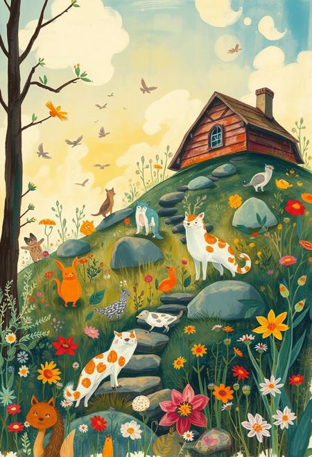 I thought I was dreaming., whimsical children's book illustration style, animals, flowers, and nature in the background, large-scale composition, expressive brushstrokes, vibrant color palette, Robert Munsch storytelling influence, Gene Luen Yang graphic style, Bill Jacklin painterly textures, playful atmosphere, soft yet dynamic lines, imaginative setting, rich details, warm and inviting tones, dreamlike quality, joyful narrative