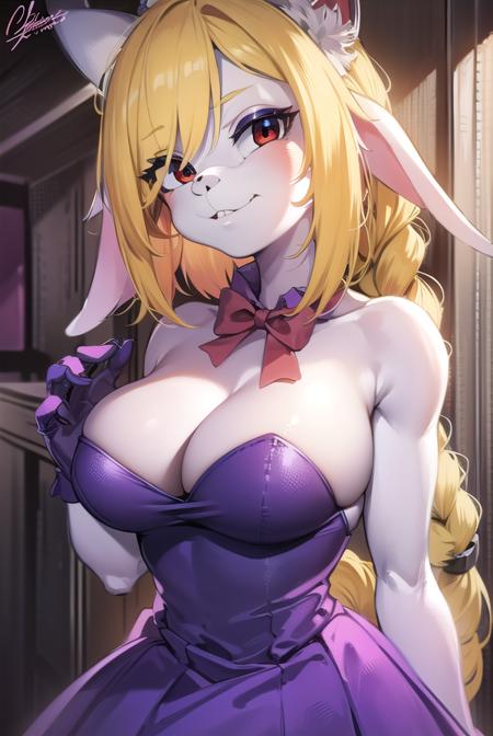 hariet, long hair, blonde hair, (red eyes:1.5), animal ears, braid, rabbit ears, eyelashes, makeup, rabbit girl, animal nose, buck teeth, pink eyeshadow, eyeshadow, (furry female:1.5), furry, hair ornament, gloves, dress, bow, bare shoulders, bowtie, strapless, fishnets, purple dress, furry, purple footwear,