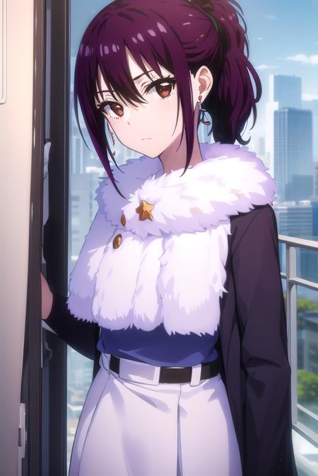 hana kirisaki, purple hair, (brown eyes:1.3), ponytail, short hair, hair between eyes, formal, suit, office lady, fur trim, earrings,