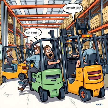 A humorous illustration of chaotic Forklift warehouse workers moving recklessly in different directions, looking disorganized and exaggeratedly clumsy. In the background, a terrified pedestrian flees with a comically exaggerated expression of fear. Bublle say "Molina" The scene is set in a bright warehouse environment, drawn in a colorful, cartoonish style, emphasizing exaggerated features and comic elements."
