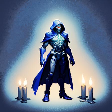 1boy, full body of skeleton necromancer, glowing eyes, lich, hood on, candles, green spell, fog, mist, volumetric lighting, best quality, masterpiece, intricate details, tonemapping, sharp focus, very detailed, trending on Artstation, realistic, chromatic aberration, simple background, transparent background, pixel art  <lora:sxz-pxl-v1:0.8>