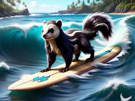 a skunk on a surfboard catching a big wave made of w00kiee    <lora:Wookiee_Hair:1>  <lora:add-detail-xl:1>