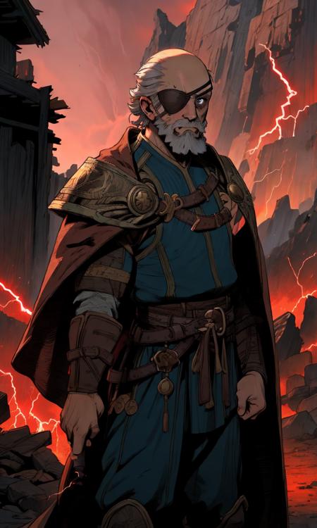  od1n, old male, white beard, bald , tunic Armor, cape, single eye patch, one blue eye, 