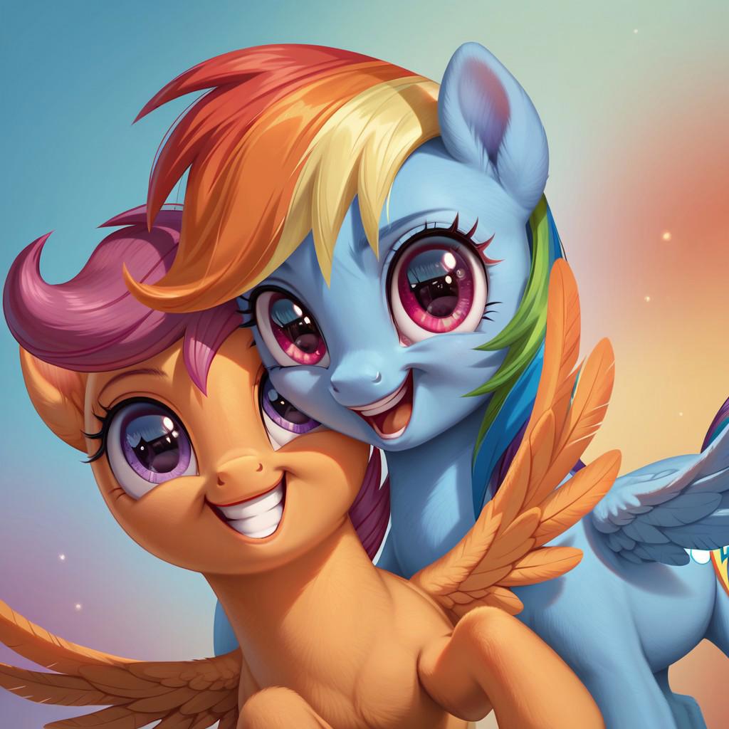 score_9, score_8_up, score_7_up, score_6_up, score_5_up, score_4_up, my little pony, ((feral pony)), Scootaloo, Rainbow Dash, 2girls, (duo), (cute), beautiful, detailed, (detailed cute pony face), detailed eyes, detailed fur, beautiful, vector, flat colors, (abstract background:1.8), (looking at you, looking at viewer:1.5), smile, happy, ((close-up)), high angle