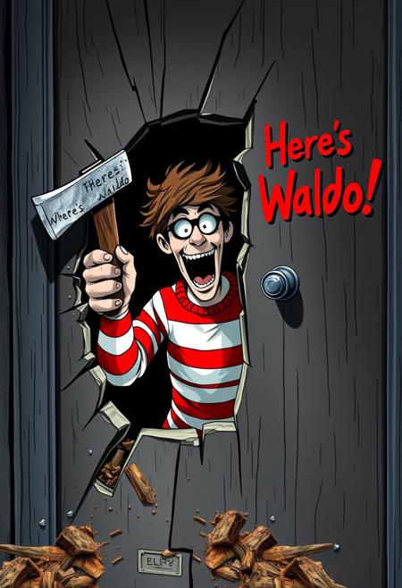 "Iconic scene from The Shining, reimagined with Waldo from the Where's Waldo books as the main antagonist. Waldo is desperately trying to force the door open, axe in hand, chopping a hole through the middle of the door. He's staring through the hole, his eyes wild and maniacal, as he prepares to burst through. The door is splintered and broken, with wood shavings and debris scattered everywhere. Waldo's signature red and white striped shirt is visible through the hole, and his bobble hat is askew, adding to his crazed appearance. The phrase "Here's Waldo!" is written in bold, blood-red letters on the door, replacing the original phrase. Style: dark, ominous, and highly detailed, with a focus on capturing the intensity and menace of Waldo's character in this iconic horror scene."