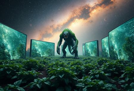 A ground   surrounded, by large screens with merged ivy fillaments .  cosmos background with  a AI monster creature in space.