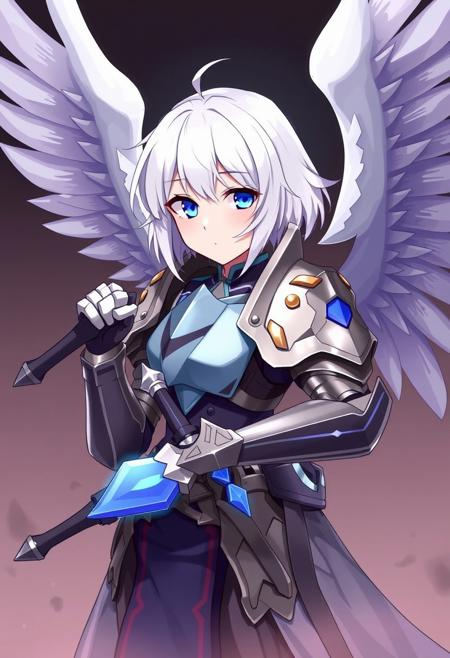 1girl, armor, weapon, wings, solo, shoulder armor, blue eyes, pauldrons, white hair, looking at viewer, power armor