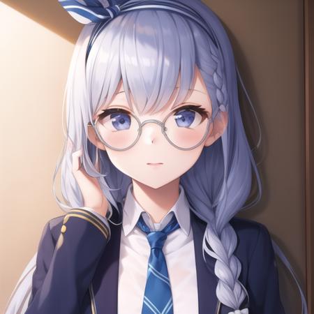 (masterpiece, best quality:1.2),illustration,8k,hd,1girl,solo,upper body,(portrait:1.2),edinburgh (azur lane),argyle,argyle legwear,bangs,blue footwear,blue hairband,blue jacket,blue neckwear,bow,braid,collared shirt,eyebrows,eyebrows visible through hair,glasses,grey eyes,grey skirt,hair bow,hairband,jacket,kneehighs,long hair,mary janes,necktie,open clothes,open jacket,plaid,plaid skirt,round eyewear,school uniform,shirt,shoes,silver-framed eyewear,silver hair,skirt,twin braids,white bow,white legwear,white shirt,<lora:Edinburgh(azur)>,