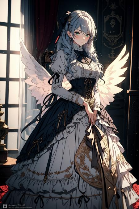 masterpiece, best quality, <lora:Mine-04:1>, 1girl, m1ne, halo, wings, establish, dhevictorian, <lora:ElegantVic-000021:1>, victorian dress, corset, shirt, embroidery, full body,  <lora:add_detail:0.3>