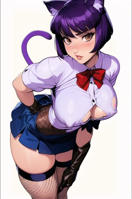 (babycai),(1girls:1.4), (((solo,
, thighhighs, animal ears, tail, gloves, covered nipples, cat ears, short hair, purple hair, blush, breasts, cat tail, brown eyes, large breasts, black thighhighs, skirt, red neck bow, white shirt, lack of blue tablet
<lora:Nekoi_Koshka_TV1:0.5>
)))
(((mature and milf))),  wide hip,
((above)),(((from  front))),
(((sticker with white border))),  (((basic white background))),((solo)), (dynamic pose:0.9), photorealistic, (hyperrealistic:1.2), beautiful, masterpiece, best quality, extremely detailed face, perfect lighting, medium breasts, (wide hips:1.2), nsfw,   glowing, ,  perfect eyes, large eyes, curly eyelashes,  (exited face:1.1) , ((perfect face)), ((fishnets)),  (((horny))), ((perfect hands)), (perfect hands),