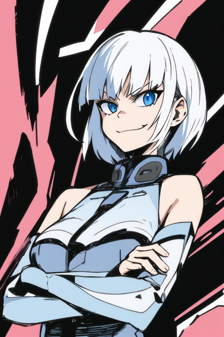 high quality, 1girl, medium long shot, low angle, arms crossed, blue eyes, smirking, short white hair, bangs, looking at viewer, motion,  <lora:ttgl-eyecatch-original-000006:0.7>