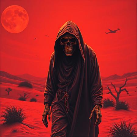 Dark art depicting an cloaked ominous zombie snoop from the 70s-style pulp paintings cripwalking  in a red mystical desert, The sky is red and otherworldy. The monks grinning skeletal face is barely visible. Duotone: Burnt orange and deep plum. Mood: Occult ritual meets 80's crinkled concert poster art style. Grim reaper, doom metal-style, gritty, desert ritual, tales from the crypt