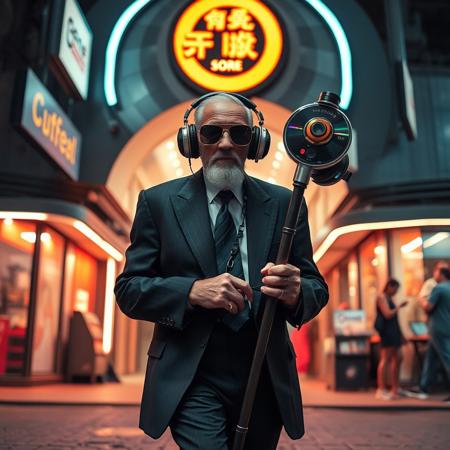 score_9, score_8_up, score_7_up, night, outside a futuristic entrance subway station, stores with neon lights, dirt trash homless, street, people selling on streets, a futuristic shaman old man 80 years latin brown skin freckles old short using a classic 50s black suit sunglasses modern futuristic big  headphones hearing music holding a staff with cds and electric parts walking stooped with difficulty