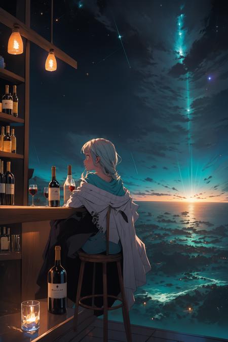 masterpiece, best quality, 1girl, bottle, fantasy, sky, bar, night sky, (ocean bottom:1.3), meteor shower, looking out of the window, drinking, from behind, wine, wind lift,  many of bottles <lora:sky_bar-000008:0.6>